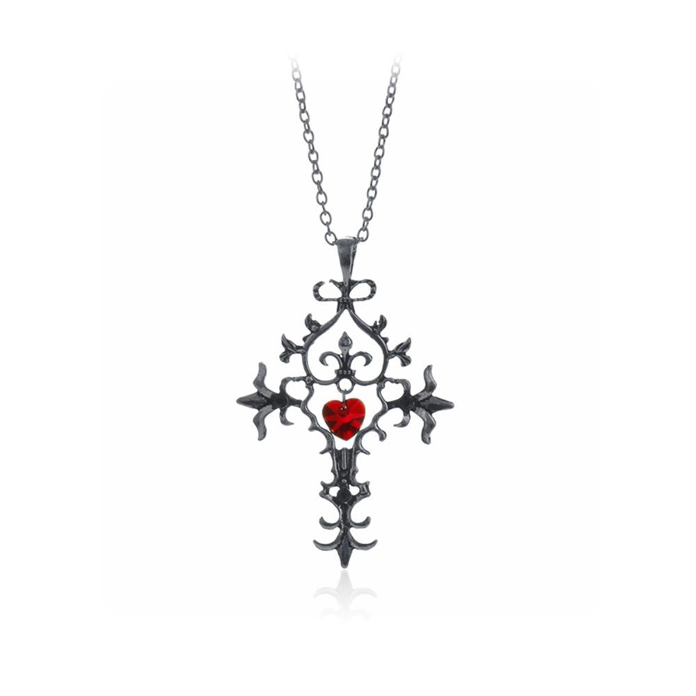 Fashion Vampire Diaries Vintage Charm Unique RED Sacred Heart Crystal Cross Pendant Necklace Jewelry Gifts