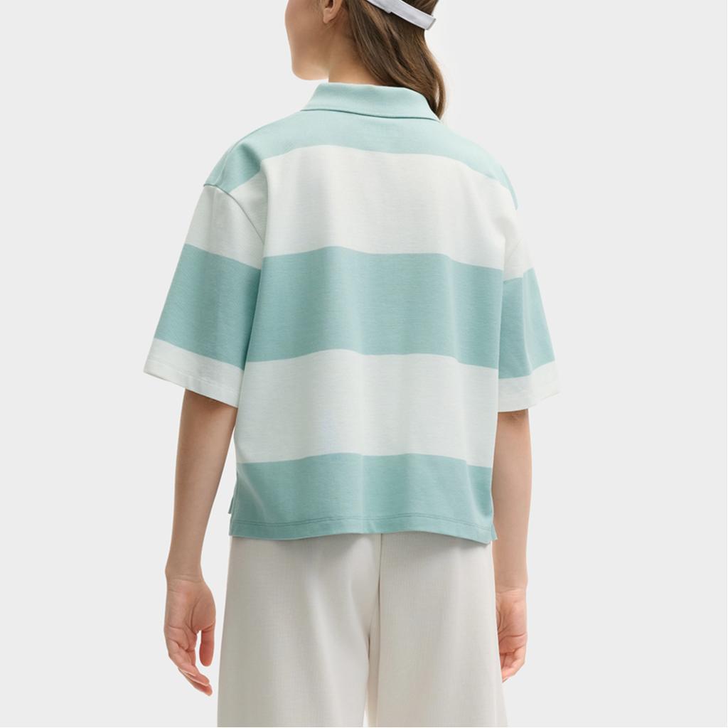 Fila X MAISON KITSUNE Original Fashionable Versatile Loose Striped Short Sleeve Polo Shirt Women Polo Shirts Fruit-Gray-Green F11W529103F-GN