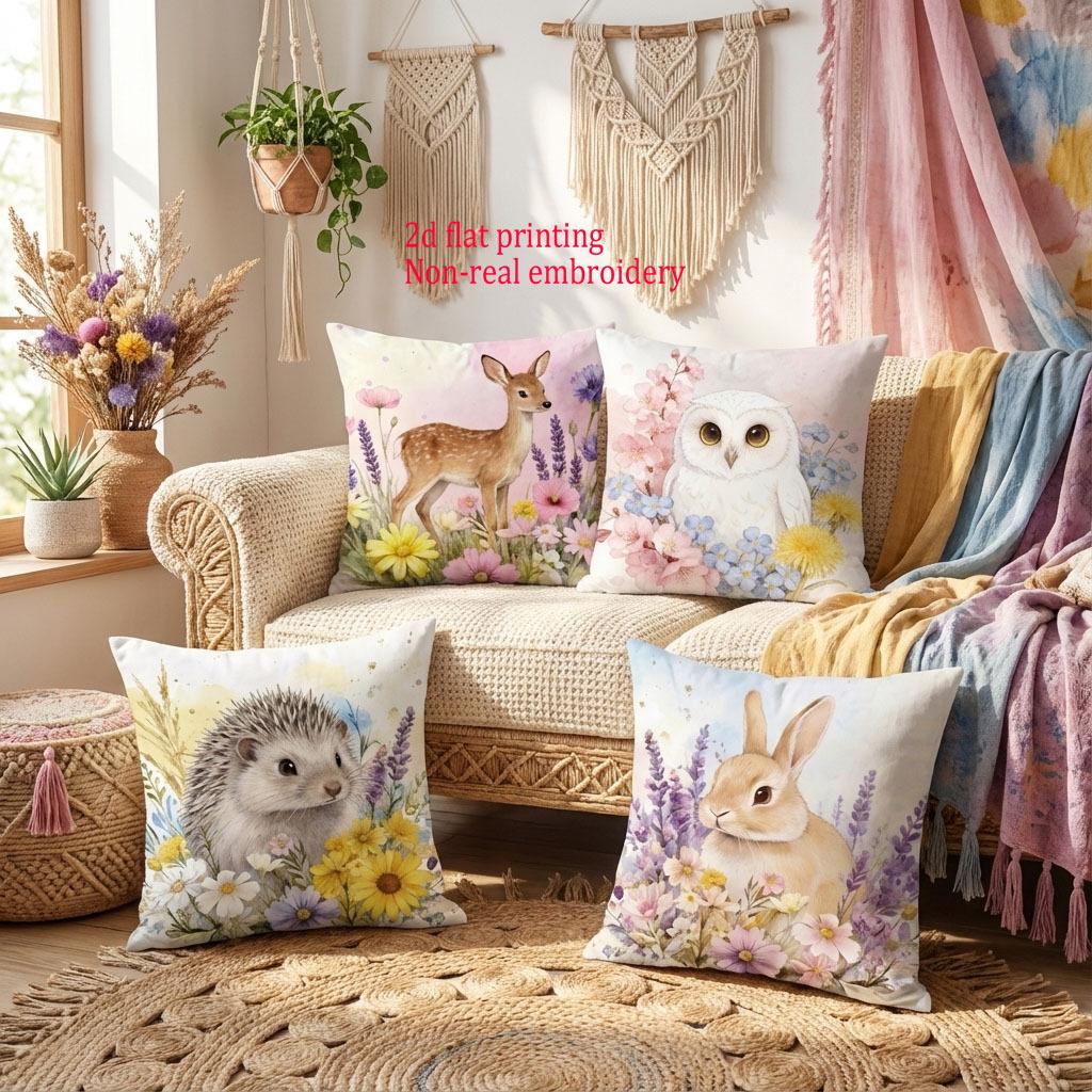 1/4 Peças Capas de Almofada Decorativas com Animais da Floresta em Aquarela, Cervo Floral, Coruja, Ouriço, Coelho