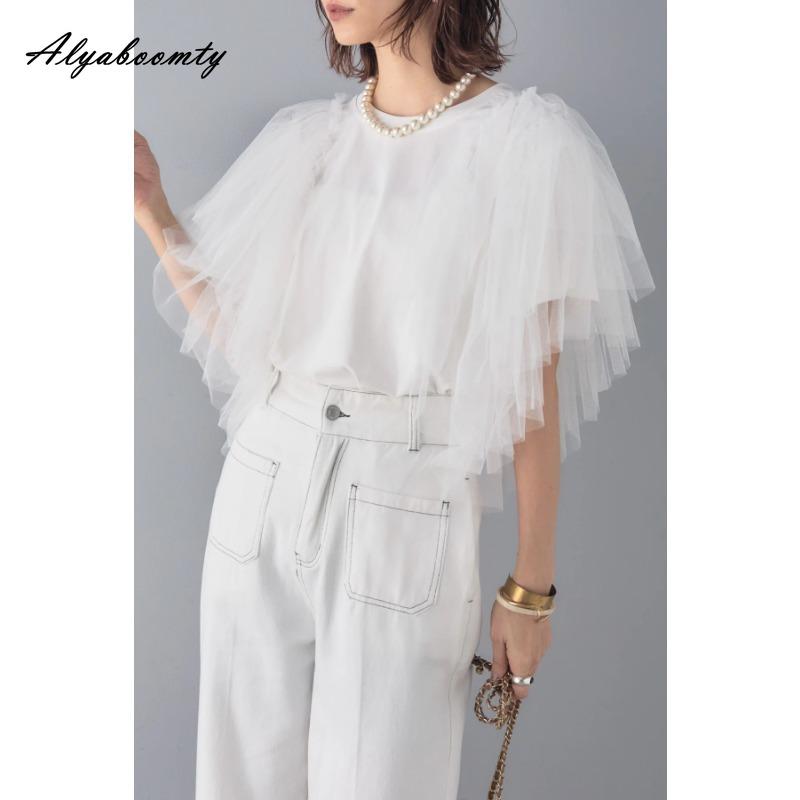 

Корейский стиль Летняя женская мода Топ Короткий О-образный вырез Белая Черная многослойная сетчатая футболка с оборками Короткий рукав Стильная женская футболка One Size белый