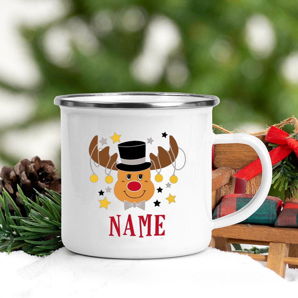 Personalized Mug Custom Deer with Name Cup Christmas Party Drink Hot Cocoa Juice Cups Handle Enamel Mugs Xmas Best Gift for Kids