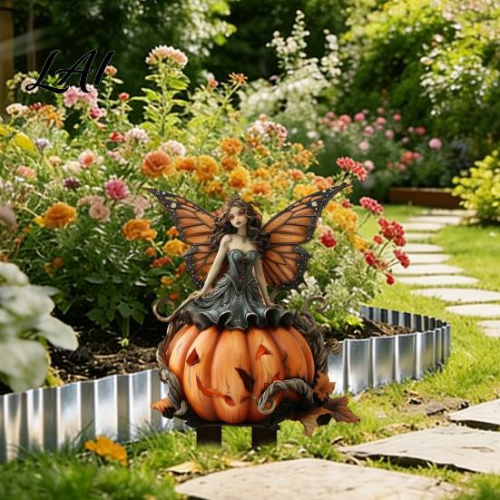Fairy Garden Stake Pumpkin Stake 2D Acrylic Butterfly Wing Yard Non-fading Outdoor Decor Art Waterproof Halloween Decoration for Lawn Patio Planter