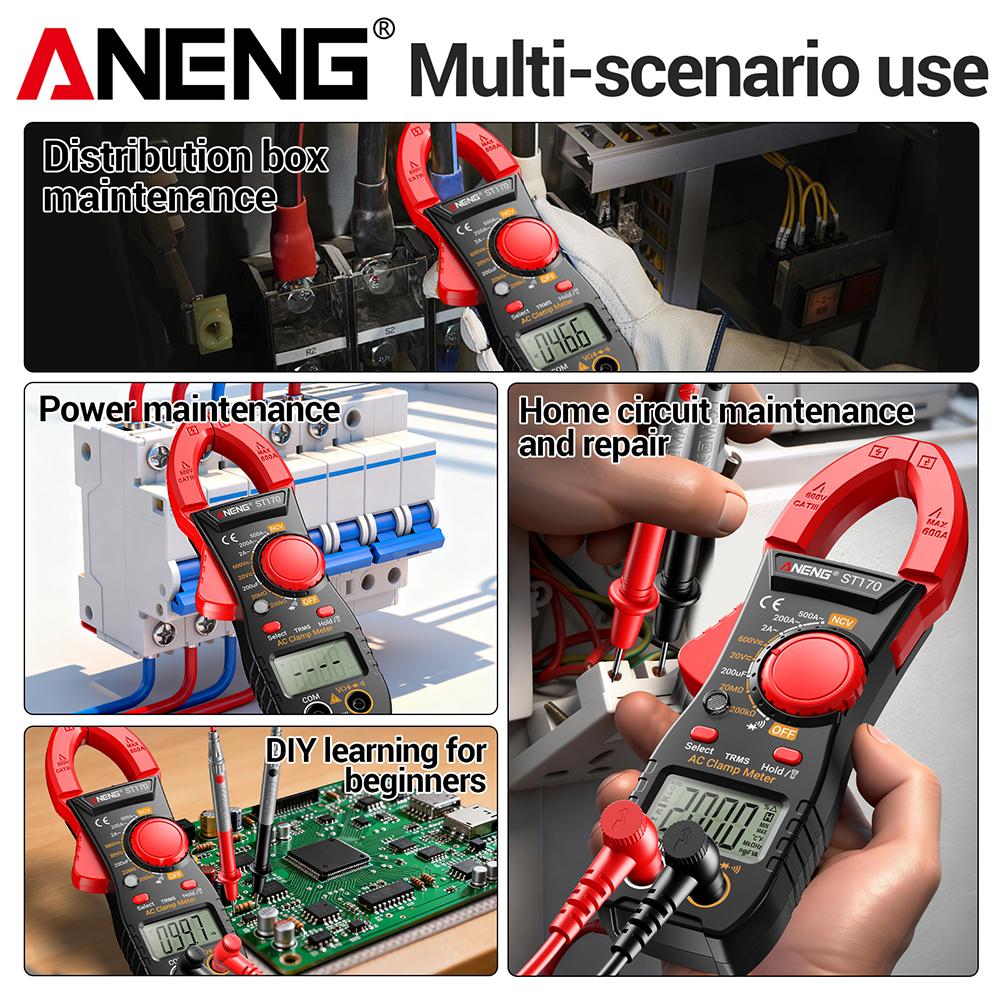 Professional ANENG ST170 Clamp Meter 1999 Counts Digital Multimeter 500A AC/DC Voltage Current NCV Resistance Tester with Free B20Test Pen Non-contact
