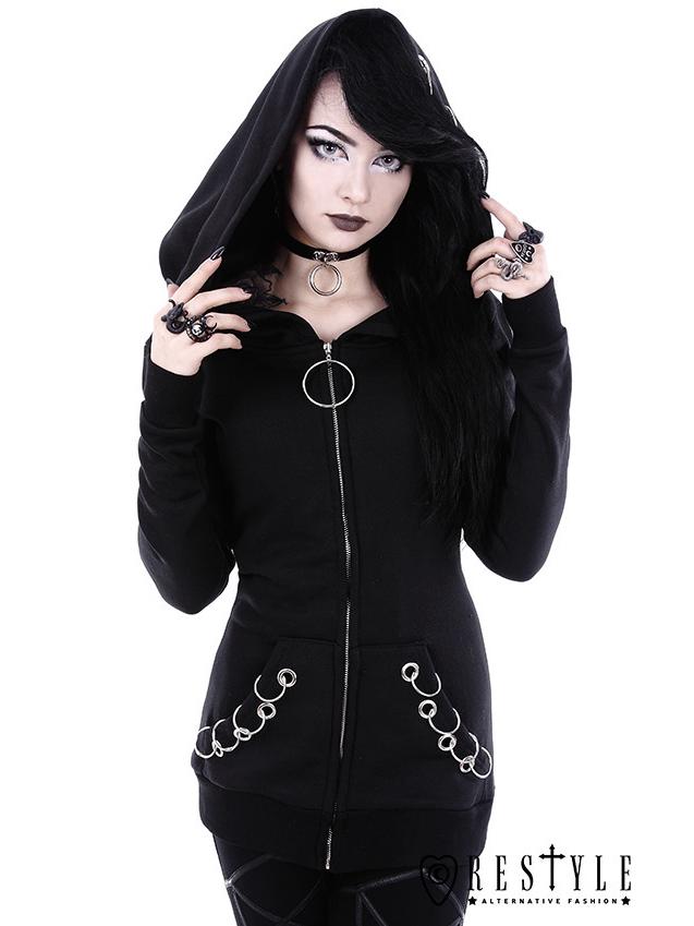 2017 European & American Black Crane Long-Sleeve Loose Fit Hooded Sweatshirt with Iron Ring Detailing