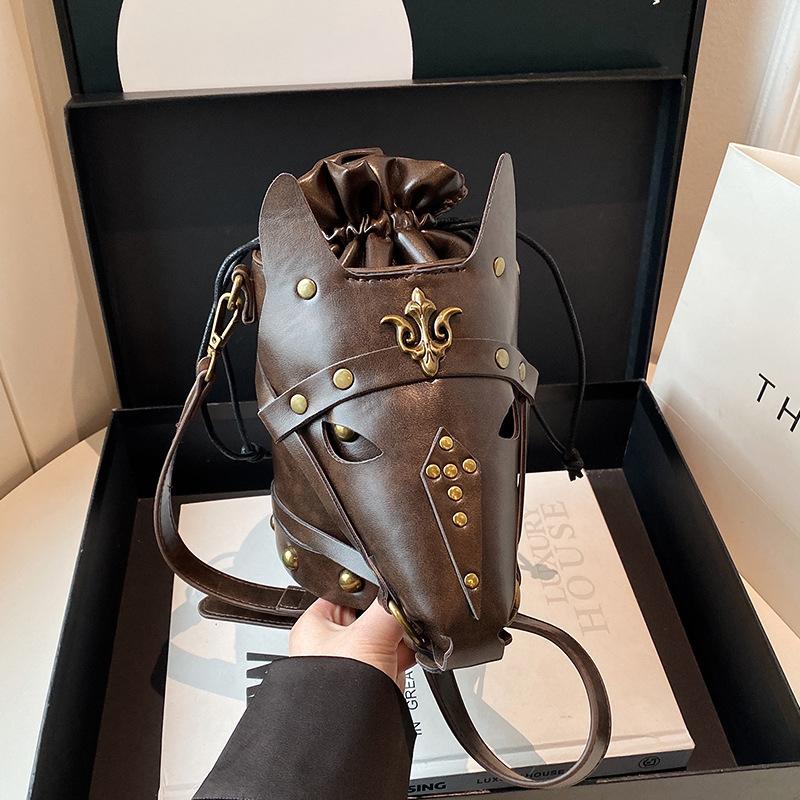 

Смішна сумка через плече у вінтажному стилі Креативна маска голови коня Сумка-відро Унікальна нішева сумка на одне плече крос-боді для жінок 20x12x17cm кавовий