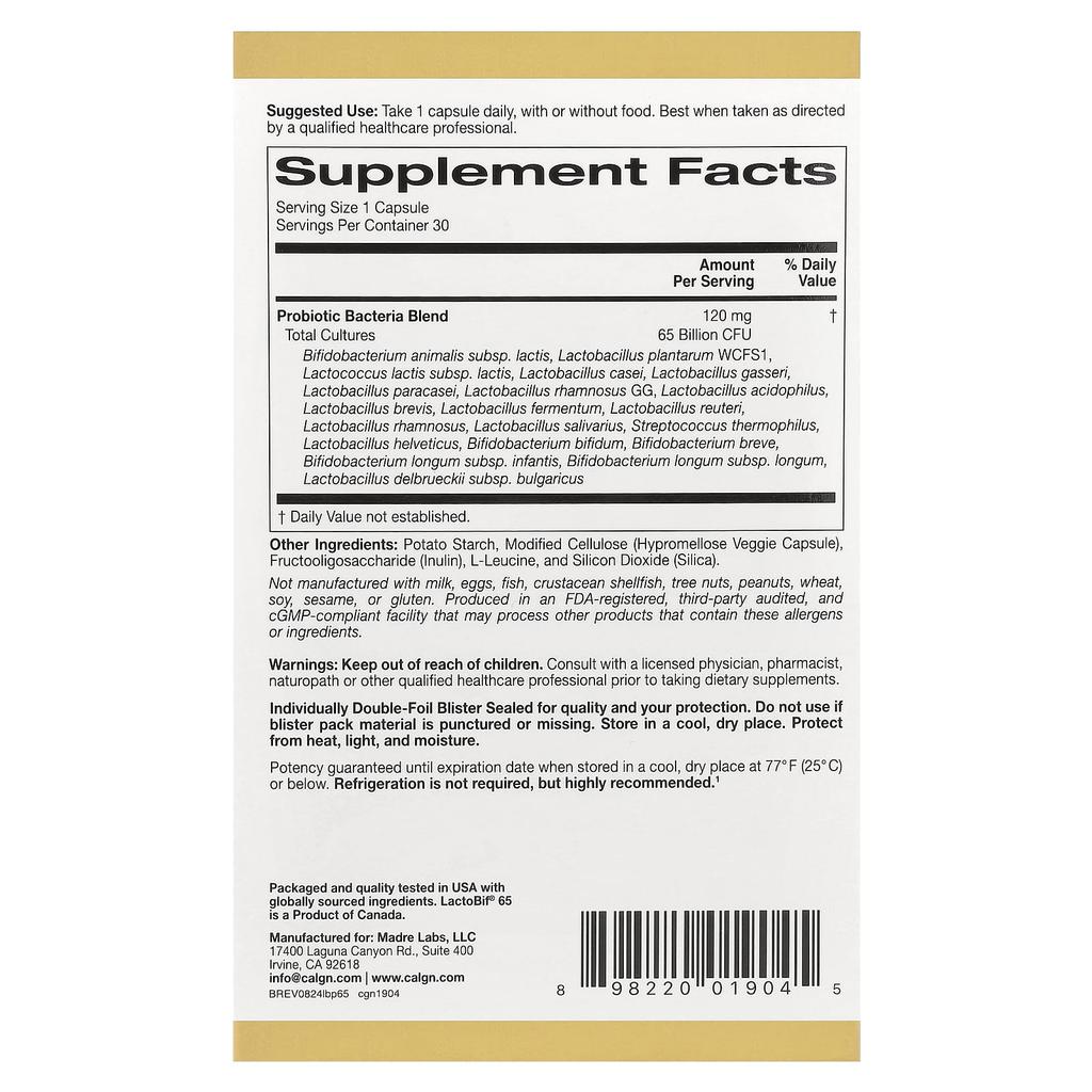 Lactobif® 65 Probiotic, 65 Billion CFU, 30 Veggie Capsules