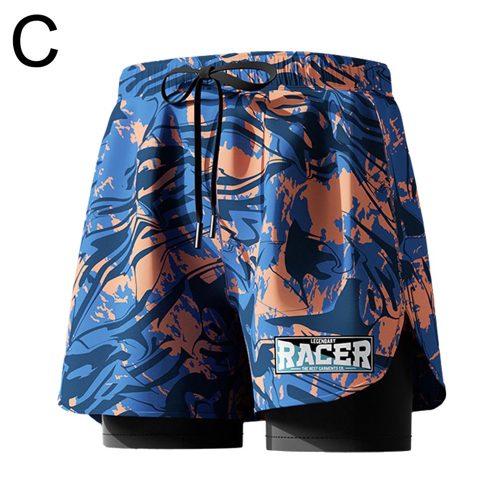 Printed Adult Men Swim Trunks 2 In 1 Quick Dry Double Layer Swim Shorts With Elastic Waist Slim Fit Trunks For Water Sports