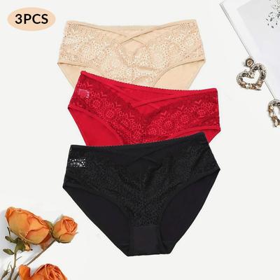 3-teiliges Set mit sexy Spitzenhöschen für Damen, ultradünn, mit Riemen in der mittleren Taille, große Übergröße, halbtransparente Slips, Unterwäsche 0XL-5XL