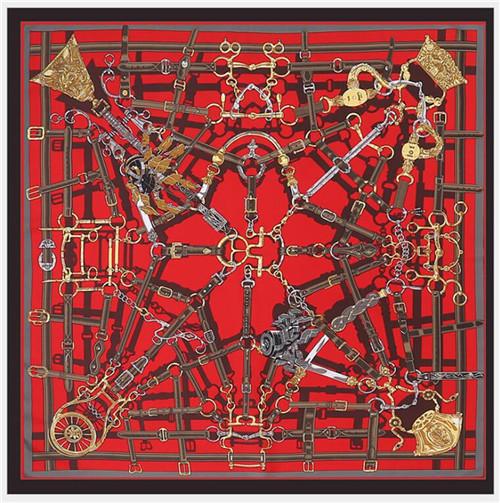 POBING Silk Scarf Women Large Shawls Euro Belt Chain Print Stoles Square Bandana Luxury Kerchief Scarf Female Foulards