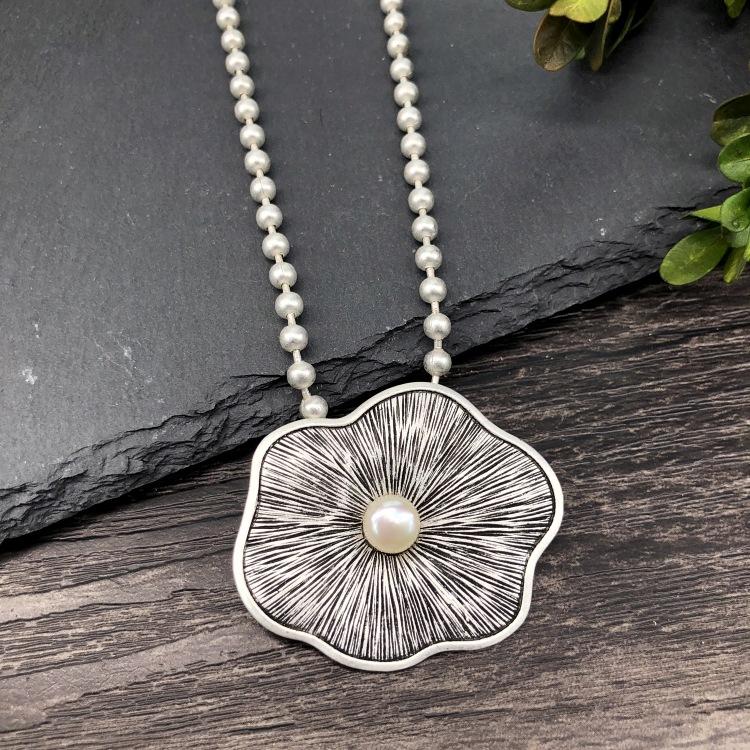 Vintage Thai silver long necklace flower pendant simple long sweater chain accessories women