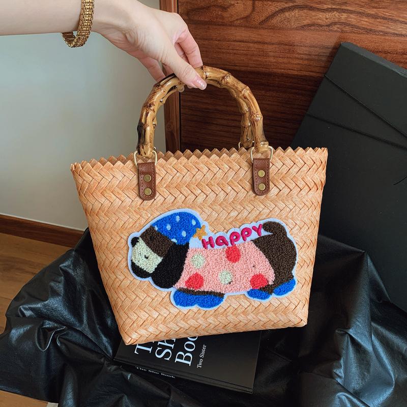 Large Capacity Dachshund Handwoven Bag Vegetable Basket Rattan Handbag Work Sundries Small Bag Picnic Women's Bag