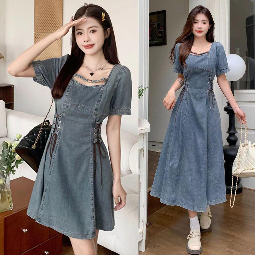 2026 Summer Plus Size Women's French Retro Denim Dress - Elegant Waist-Cinched Slimming Skirt