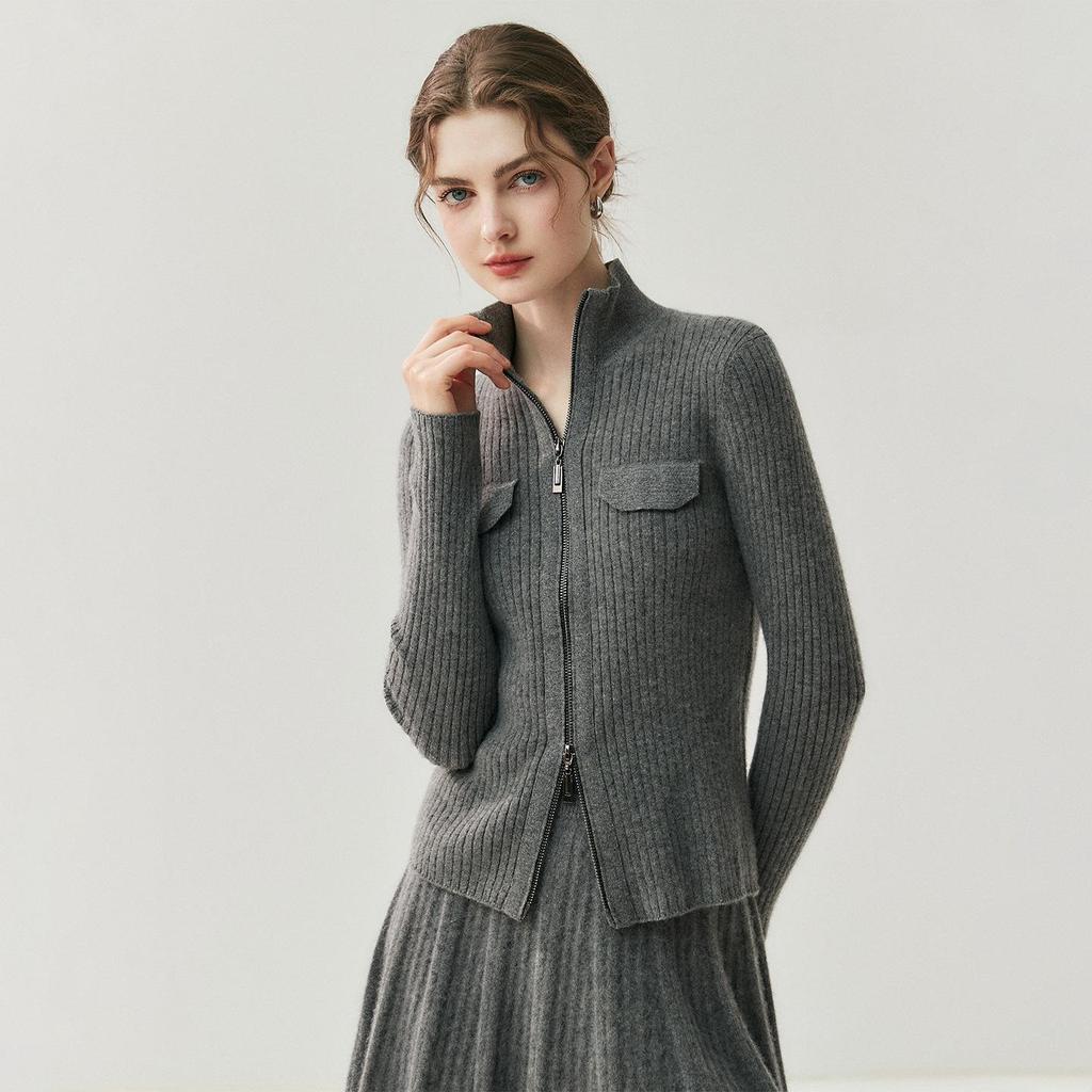 Korean Style Women's Cashmere Knit Cardigan - Slim Fit with Zipper Lapel and Long Sleeves for Versatile Wear