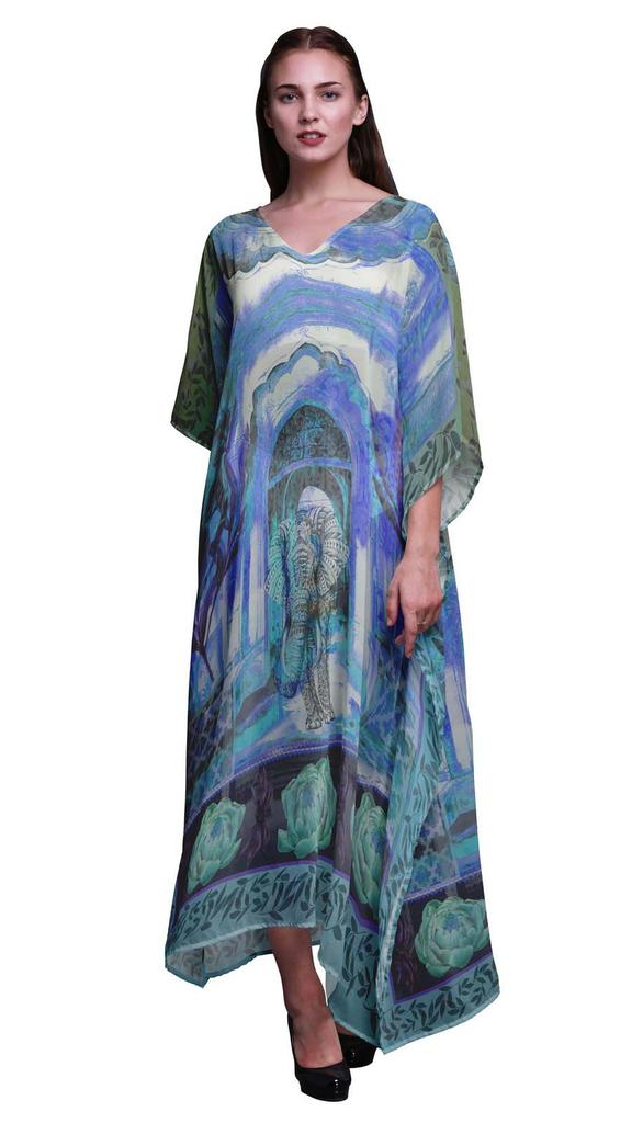 Phagun Elephant Mughal Ladies Kaftan Holiday Loungewear Maxi Dress Beach