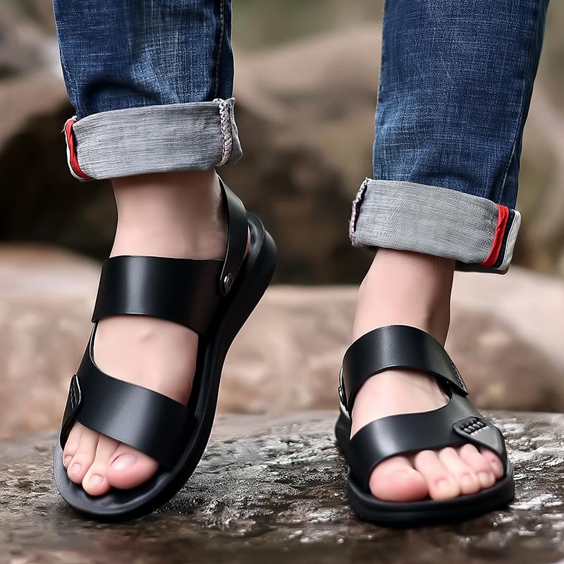 Men Brown Flats Slippers Summer Outdoor Wide Head Hiking Sandals Retro Black Leather Open Toe Beach Shoes Plus Size