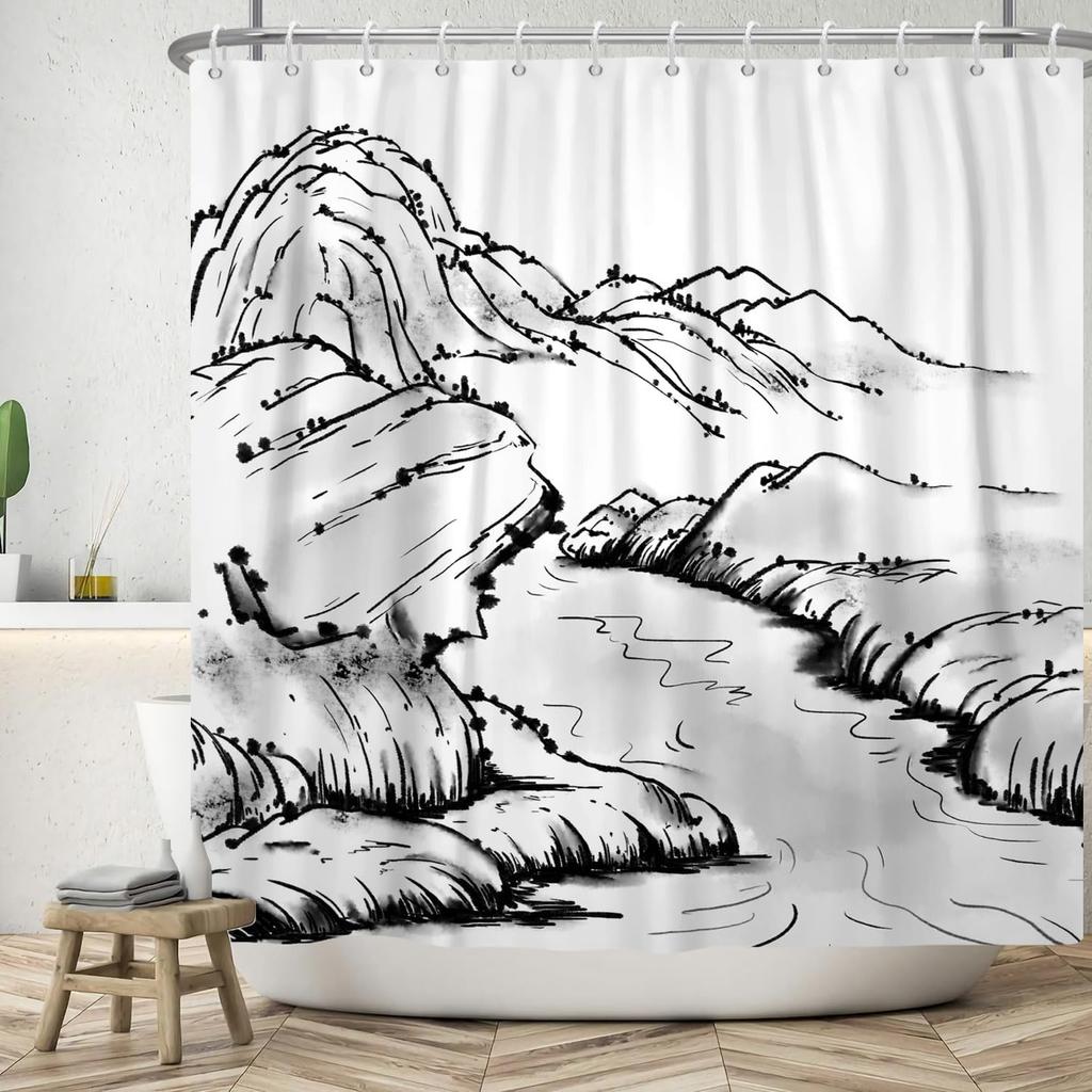 Japanese Ink Shower Curtain Fog Mountain Boat Wild Goose Natural Landscape Outdoor Bathroom Decoration Hook Shower Curtain