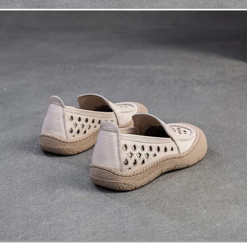 Johnature Hollow-out Breathable Flats Genuine Leather Comfortable Loafers Retro Versatile Women's Shoes