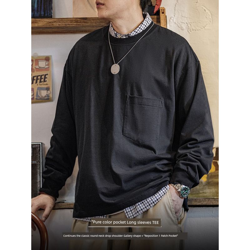 Madden Cargo American Casual Solid Pocket Long sleeves Shirt Cityboy Loose Cotton Inner wear Bottoming Shirt Men's Summer