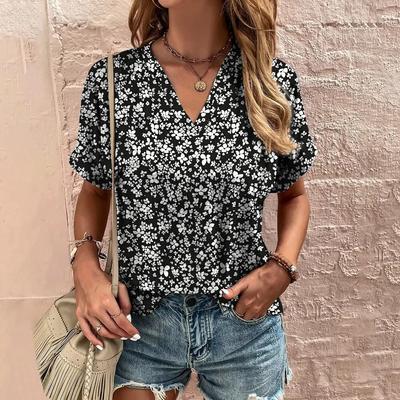 V-ausschnitt Gedruckt frauen T-shirt Casual Tops Floral Günstige Bluse Sommer Mode Damen Kleidung Weibliche Übergroßen Kurzarm T-shirts