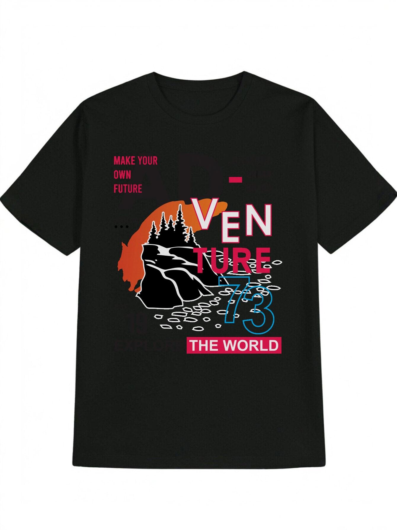 

Casual Round Neck T-shirt with Venue 73 Graphic Print - Black XXXL