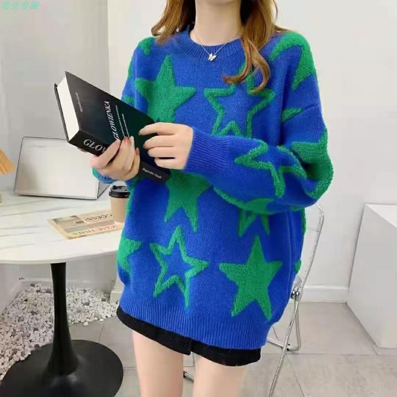

Осенне-зимний женский свитер с круглым вырезом, модный жаккардовый свитер с пентаграммой, универсальный, свободного кроя, вязаный свитер one size fits all
