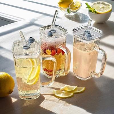 Stylish Square Transparent Glass Cup Heat Resistant With Lid and Straw Juice Glass INS Style Coffee Cup Home Bar