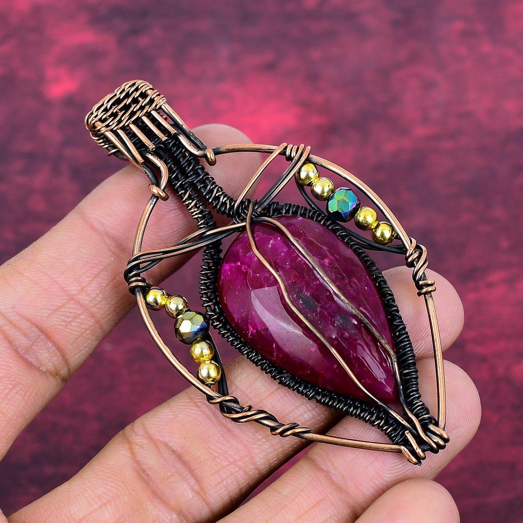 Faceted Kashmir Ruby Pendant Genuine Gemstone Pendant Copper Wire Wrapped Jewelry