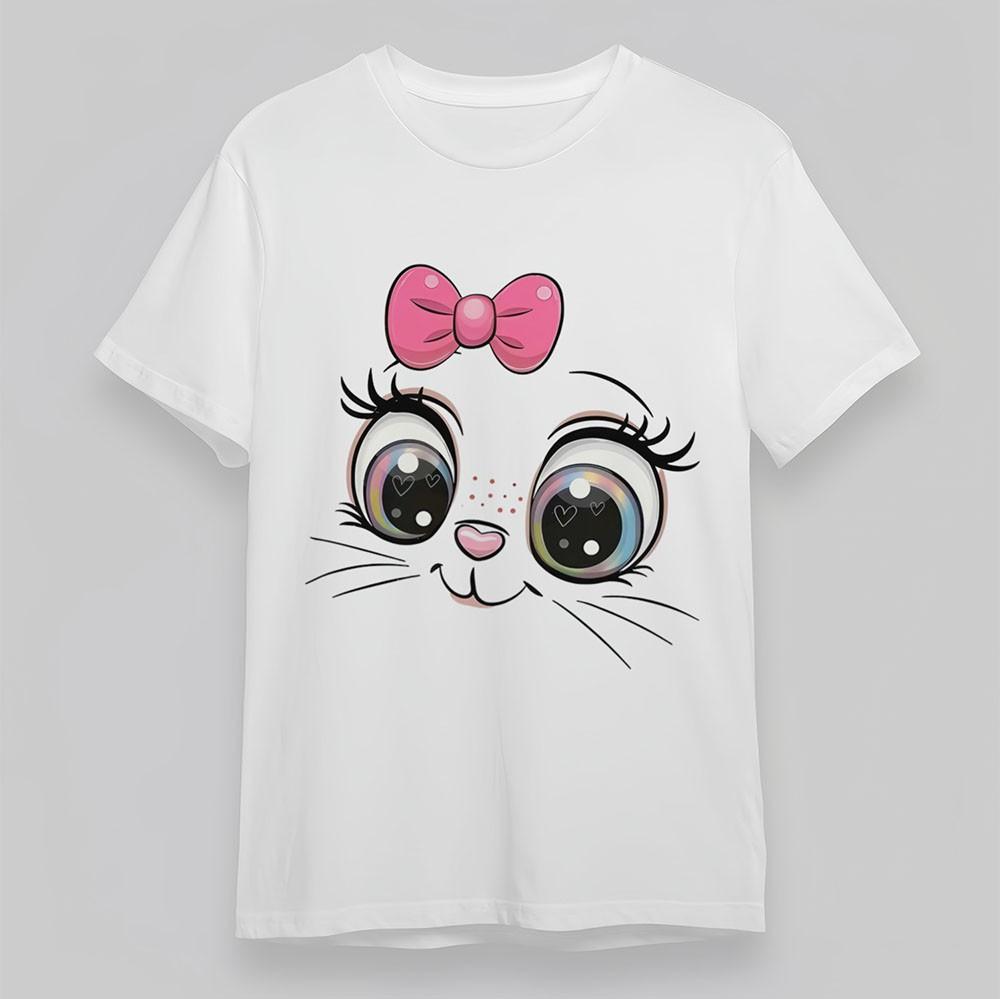 

Women s Comfy T-Shirt Smiling Kitty Animal Tee Short White Soft Cotton Oversize 4XL