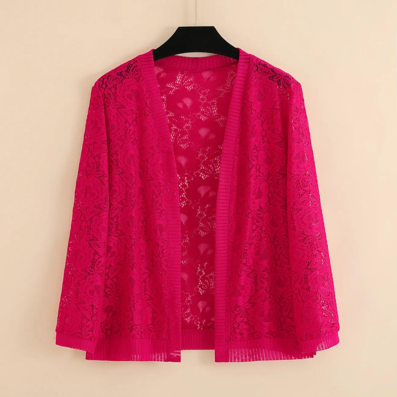 

Женский летний однотонный тонкий кружевной солнцезащитный короткий повседневный кардиган Temperament 5XL розы красного