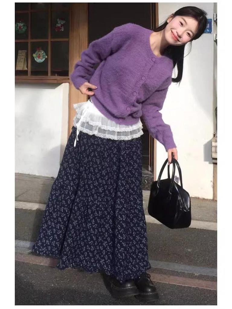 Koreanischer Retro-Maxirock mit Blumendruck – Hoher Bund A-Linie für Frühling und Sommer Damenmode