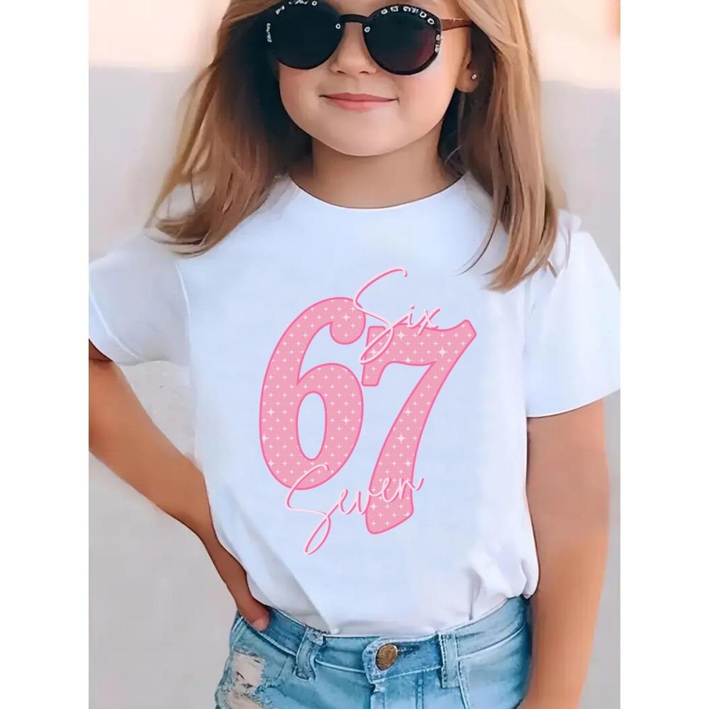 Tricou Fete cu Imprimeu Număr 67 Mânecă Scurtă Gât Rotund Top Casual Tricouri Vară Confortabil Modă Îmbrăcăminte Copii