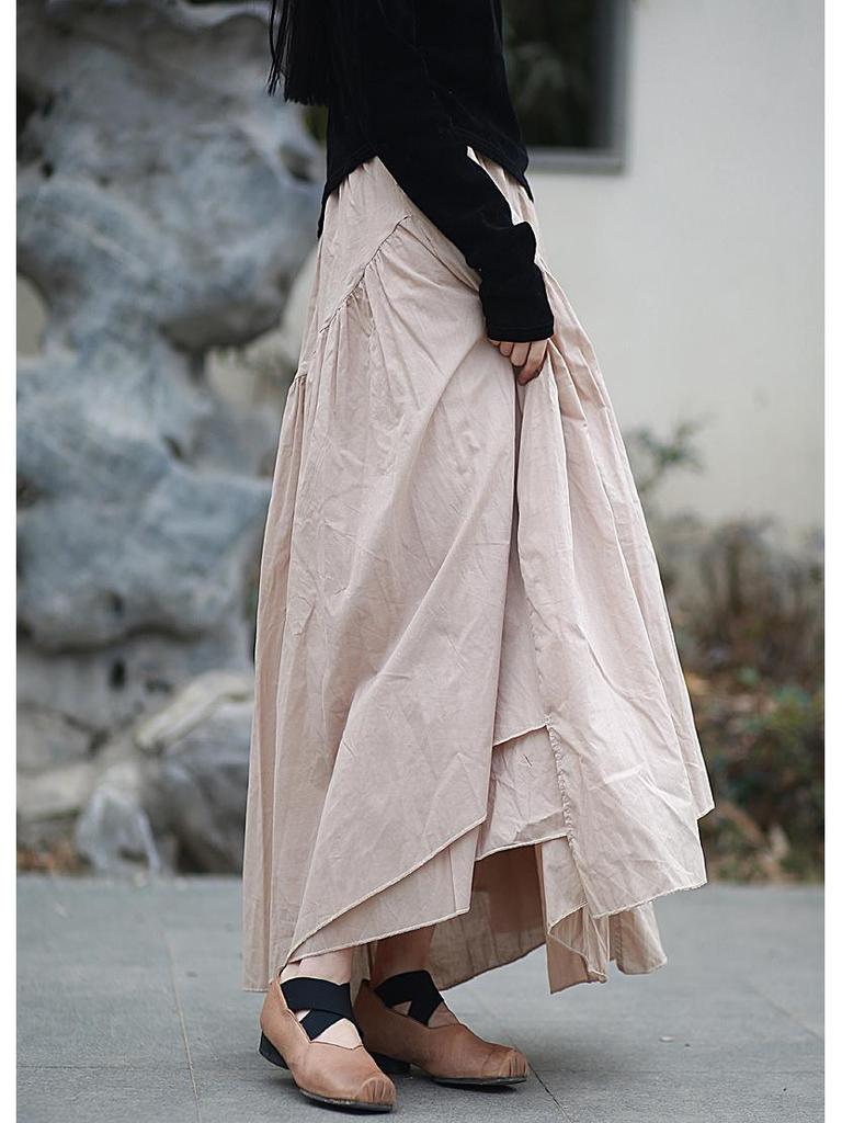25 Small Warm Spring-Summer All-Cotton Irregular Swing Long Skirt, Literary Cotton-Linen Half-Body Skirt with Elastic Waist, Retro Style