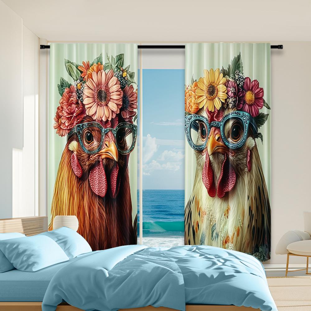 

Set Of 2 Versatile Polyester Transparent Curtains Home Decoration Chicken Glasses Use Bedrooms Living Rooms Curtain Perfect For Great Room W100*H70(CM)-Hooks&2PCS