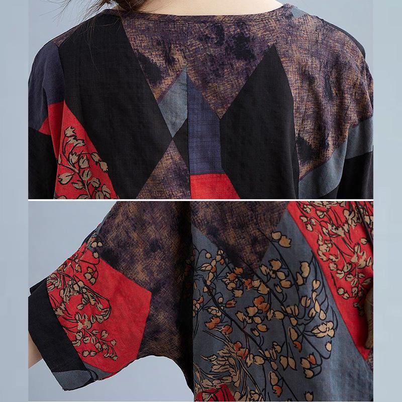Summer Vintage Cotton Linen Women's Blouse Retro Mother Summer Short-sleeved T-shirt Printed Pullover Shirt