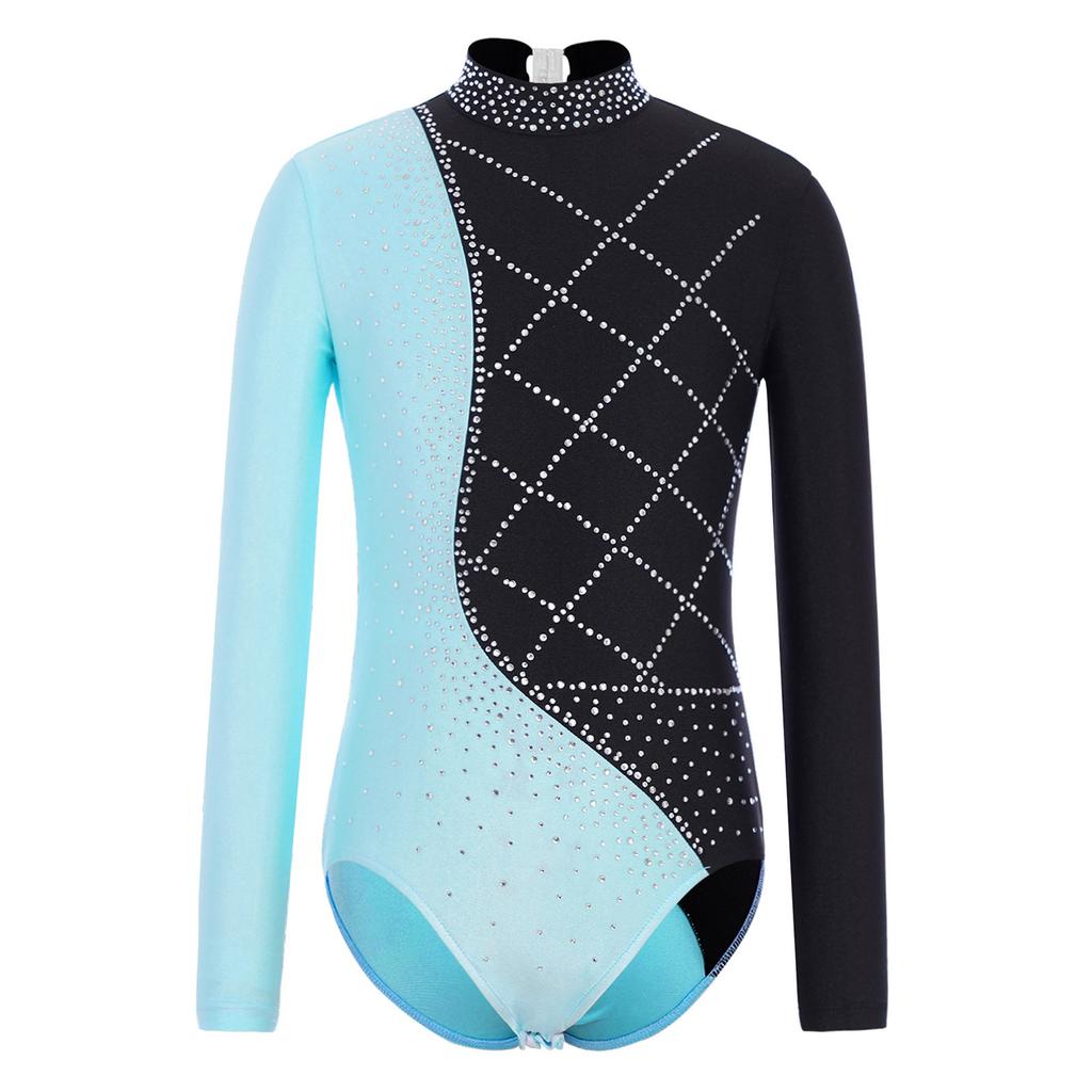 Girls Metallic Gymnastics Bodysuit Long Sleeve Rhinestone Color Block Leotard Competition Dancewear