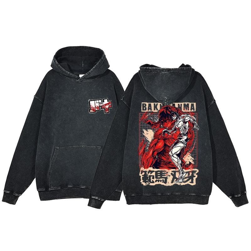 Hot Anime Baki Hanma Graphic Print Men Women Vintage Hoodies Washed Cotton Streetwear Harajuku Unisex Casual Loose Sweatshirt