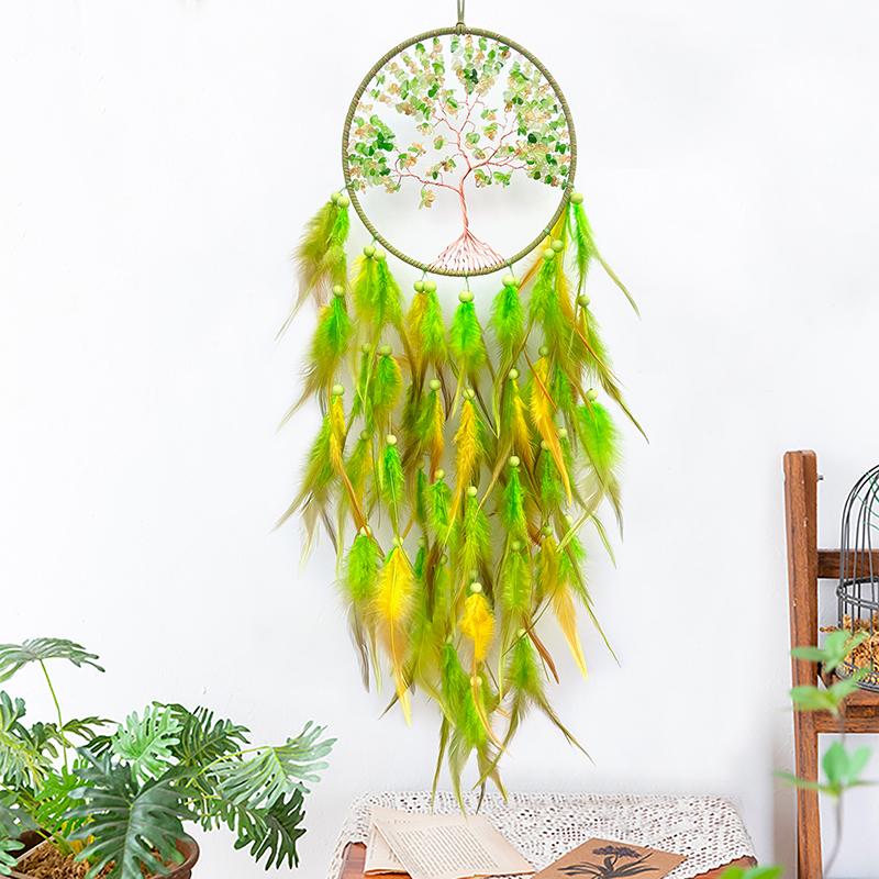 Nordic Dream Catcher Handmade Green Feathers Wind Chimes Living Room Bedroom Hanging Ornaments Wall Decor Birthday Festival Gift