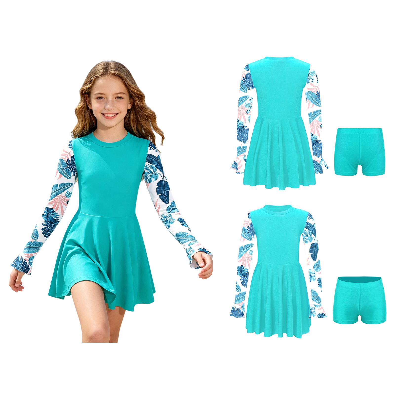 Kinder Mädchen 2-teiliges Badeanzug-Set mit Aufdruck Langarm Kleid mit ausgestelltem Ärmel und Shorts mit elastischem Bund für Strand Pool Schwimmen 7-8 Years see-grüne