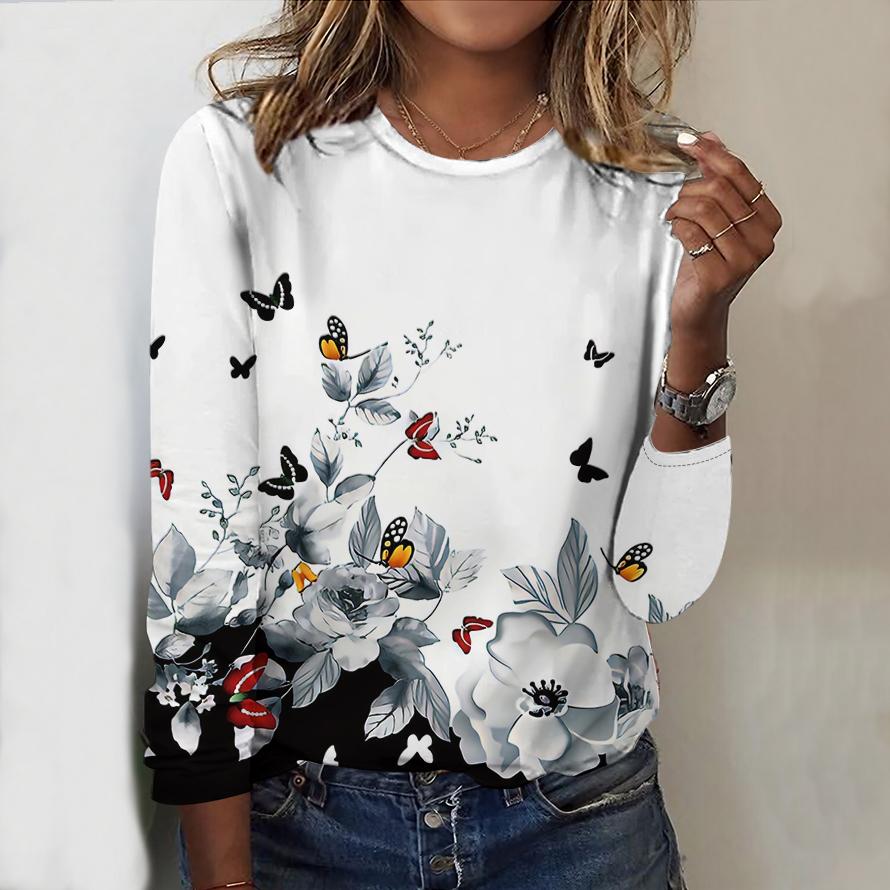 

Топы для женщин с принтом 3D-бабочки и одуванчика, круглый вырез, длинный рукав, футболка, осенний повседневный тонкий пуловер, женский топ с длинным рукавом 8XL чёрный