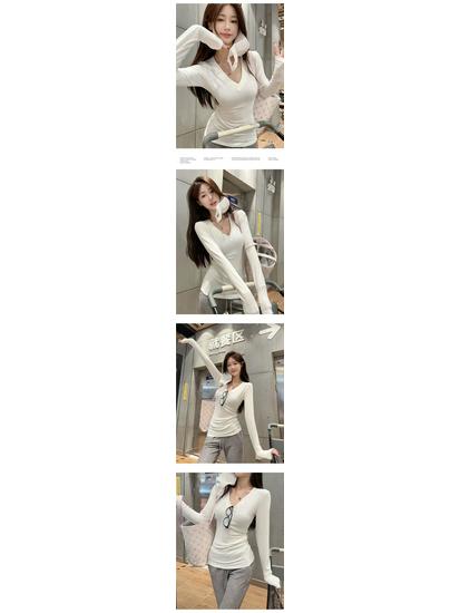 Women's Slim Fit V-Neck Long Sleeve Shirt - Solid Color Korean Style for Spring and Autumn