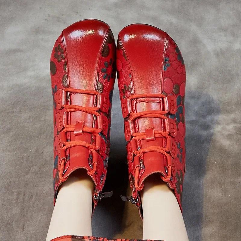 Fashion 2024 New Autumn Aed Winter For Warmth Genuine Leather Shoes Women Boots Round Toe Print Sewing Zip Retro Leisure Platform Boots