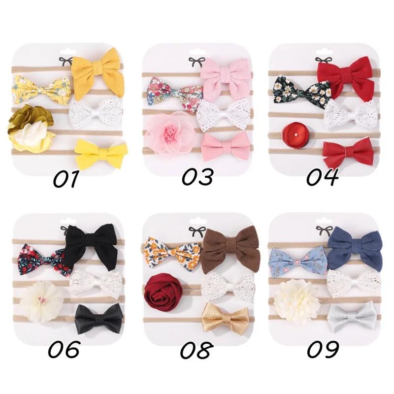 5Pcs Baby Bows Lace Flower Headband Print Nylon Cotton Hair Bands for Girls Children Newborn Toddler Soft Hair Accessories