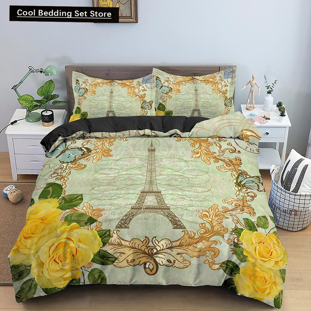 Paris Eiffel Tower King Queen Duvet Cover World Famous Romantic Attractions Bedding Set Women Girls 2/3Pcs Polyester Quilt Cover