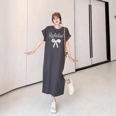 Damen Rundhals Mode T-Shirt Kleid Locker Lässig Altersreduzierend Ausgefallene Ärmel Schlitzkleid