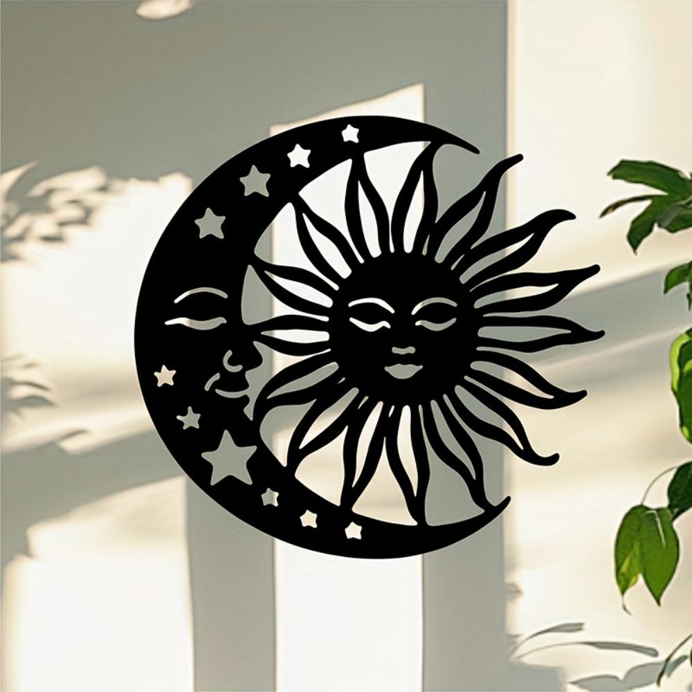 1pc Sun Moon Metal Wall Art, Celestial Silhouette Sculpture Striped Design Black White Stars, Modern Home Wedding Indoor Wall Decor