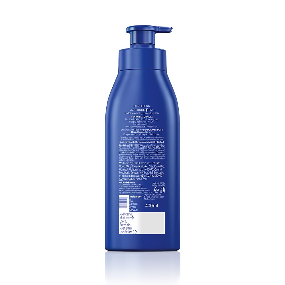 Nivea Nourishing Body Milk 400ml Body Lotion with Hyaluronic Acid | 72Hr Hydration | Deep Moisture Care for Very Dry Skin