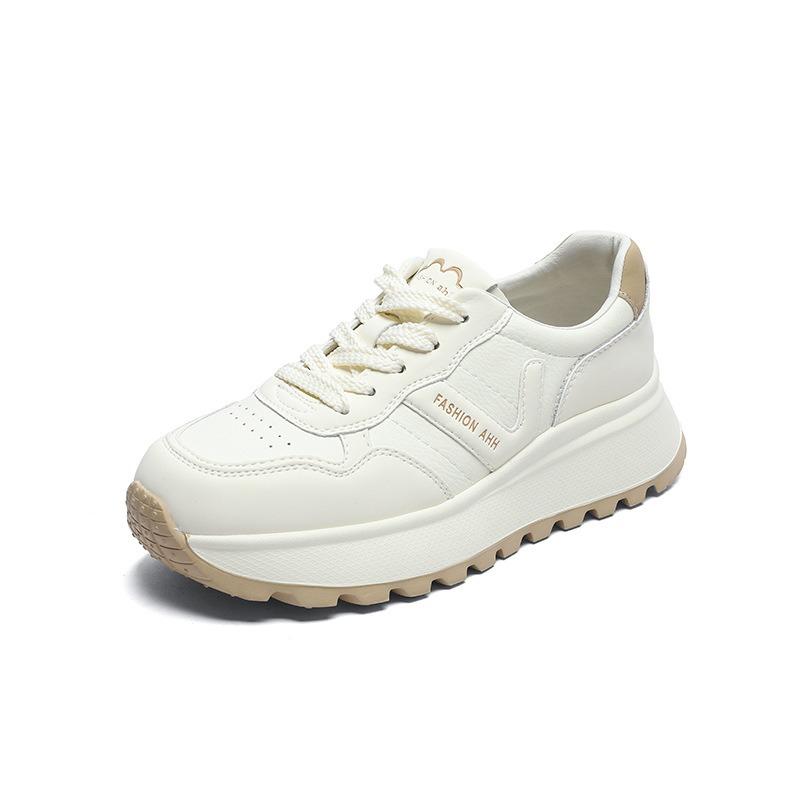 Muffin Platform White Shoes Women's Spring New Casual Sports Waffle Shoes Leather Breathable