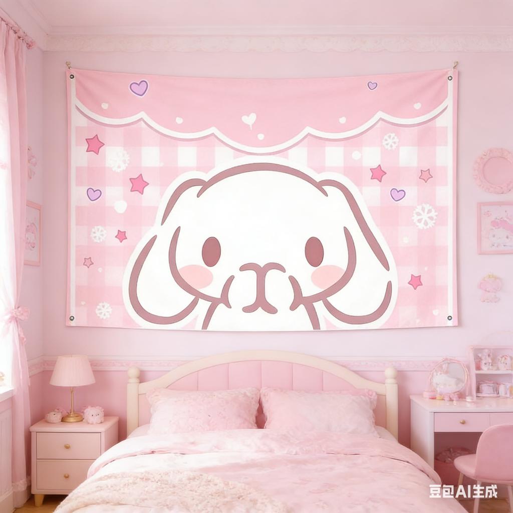 1Pc Kawaii Pink Bunny Tapestry 2D Polyester Wall Hanging Cute Rabbit Heart Star Decor For Bedroom Dorm Kawaii Gift