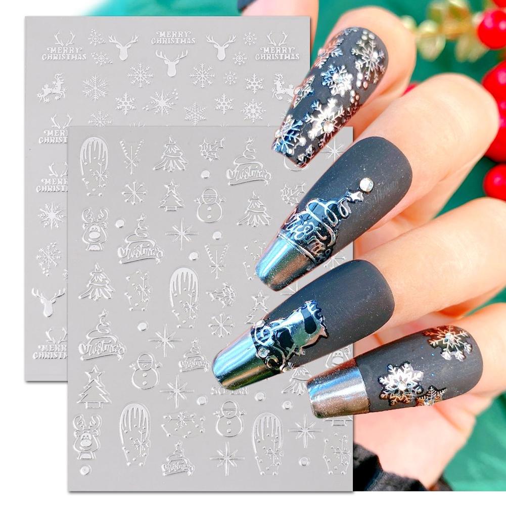 Christmas Nail Art Stickers Nail Decals Self-Adhesive Gold Silver White Snowflake Elk Bell Xmas Tree Design DIY for Women Girls