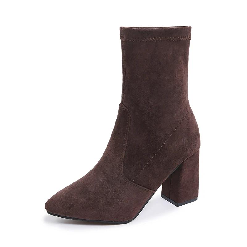 

Large size 2026 autumn and winter new European and American style women s stretch cloth and velvet mid heel women s boots 42 коричневий